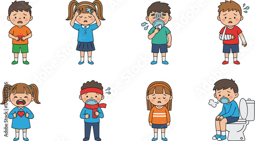 Cartoon children showing different sickness symptoms, headache, stomachache, cough, cold, fever, flu, pain, toilet problem, medical, healthcare, illness illustration