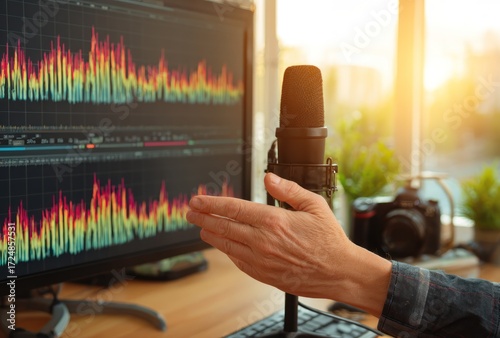 Hand points at a computer screen displaying audio waveforms, with a microphone in the foreground, and camera with potted plants blurred in the background