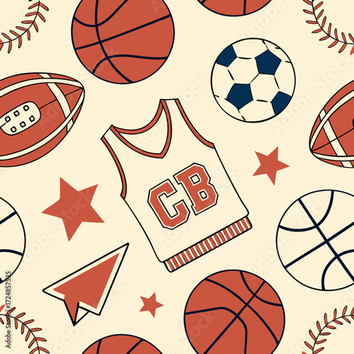 College athletic department sporting elements patchwork vintage vector seamless pattern for children kid sport wear fabric t shirt sweatshirt pajamas