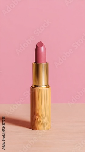A close-up of a vibrant pink lipstick with a gold cap, set against a minimalist wooden background.
