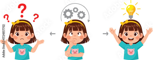 Cartoon girl confused, child thinking, problem solving, learning process, creative idea, question answer, brainstorming, innovation, education concept, light bulb solution