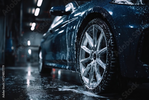 Washed blue car at an automatic car wash with soap dripping down, showing a silver rim and glossy floor with blurred background lights