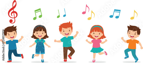 Happy children dancing with colorful musical notes, cartoon kids enjoying music, group activity, fun learning, rhythm movement, music education, joyful play
