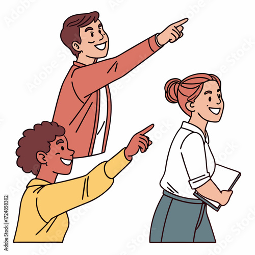 Happy characters pointing at you with inviting hand gesture. Smiling people choosing, recruiting, hiring, wanting with finger, indicating choice. Flat vector illustration isolated on white background