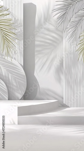 A minimalist architectural scene featuring white steps and a column, adorned with the shadow of palm leaves against a clean, modern backdrop.