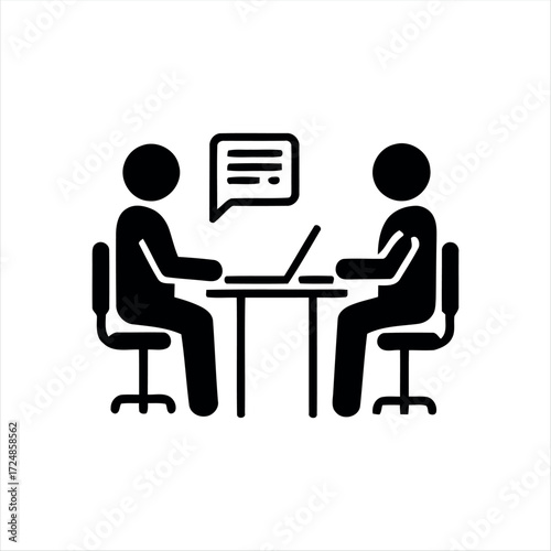 Black glyph meeting icon with white background. Minimalist vector illustration showing group discussion, ideal for teamwork, office, business presentations, and corporate collab