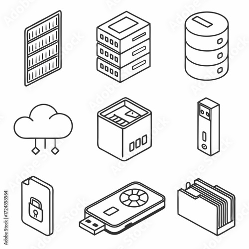Storage technology thin line icon set. Containing memory card, big data server, flash disk, cloud computing, chips, hard disk drive, database folder