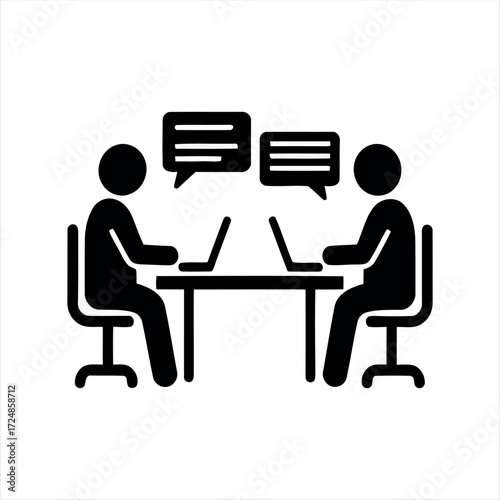 Black glyph meeting icon with white background. Minimalist vector illustration showing group discussion, ideal for teamwork, office, business presentations, and corporate collab