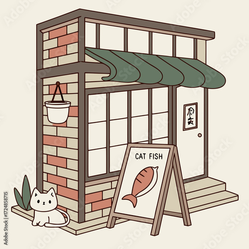 Japanese city street shop facade with green awning and traditional curtains, brick walls, topiary plants in pots and wooden signboard with cute cat and fish. For urban oriental background design