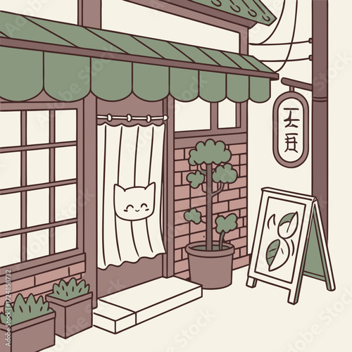 Japanese city street shop facade with green awning and traditional curtains, brick walls, topiary plants in pots and wooden signboard with cute cat and fish. For urban oriental background design