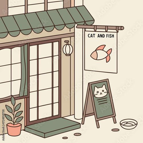 Japanese city street shop facade with green awning and traditional curtains, brick walls, topiary plants in pots and wooden signboard with cute cat and fish. For urban oriental background design