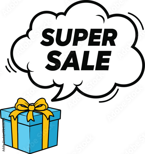 Exciting super sale announcement with a gift box, perfect for promotions and celebrations.