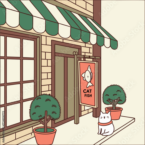 Japanese city street shop facade with green awning and traditional curtains, brick walls, topiary plants in pots and wooden signboard with cute cat and fish. For urban oriental background design
