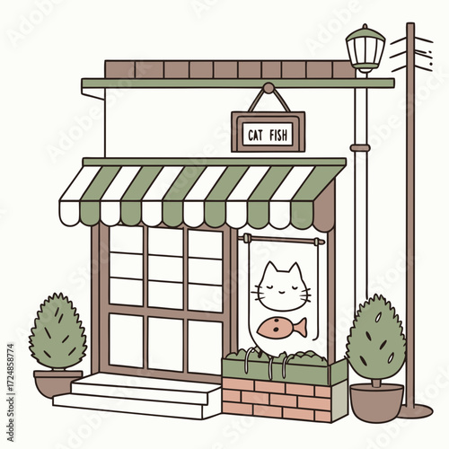 Japanese city street shop facade with green awning and traditional curtains, brick walls, topiary plants in pots and wooden signboard with cute cat and fish. For urban oriental background design