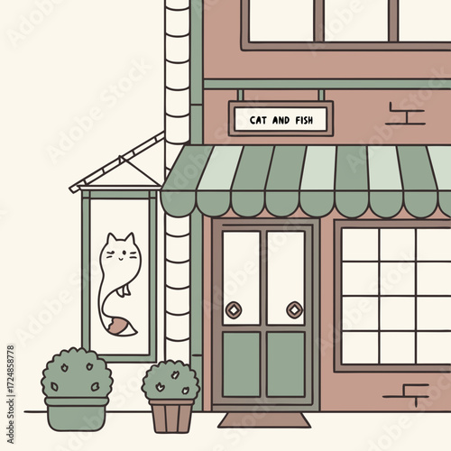 Japanese city street shop facade with green awning and traditional curtains, brick walls, topiary plants in pots and wooden signboard with cute cat and fish. For urban oriental background design