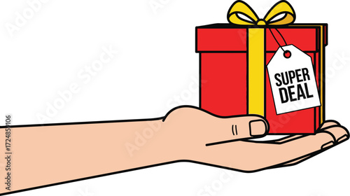 Hand offering a red gift box with a "Super Deal" tag, symbolizing a special offer or surprise.