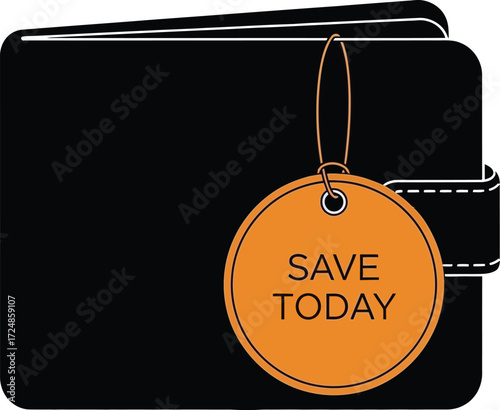 Black wallet with bright orange tag urging to save today