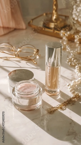 A close-up of elegant makeup products and jewelry displayed on a marble surface, bathed in soft natural light.