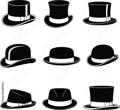 Set of vintage black and white hats, top hat, bowler, fedora, formal headwear icons, fashion accessories, vector illustration, classic style design