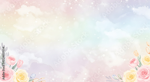 Pastel rainbow sky background with delicate floral arrangements.