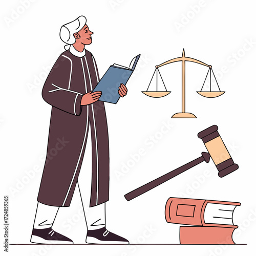 Judge man court worker character standing and holding book and hammer. Low justice people protection concept flat cartoon design graphic isolated illustration