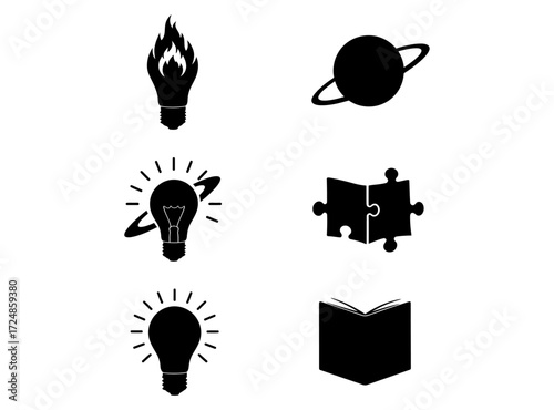 Set of Icons Representing Ideas, Knowledge, Innovation, and Learning, Isolated on White