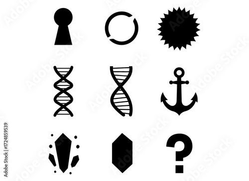 Set of nine assorted minimalist black vector icons representing concepts of mystery, science, and discovery