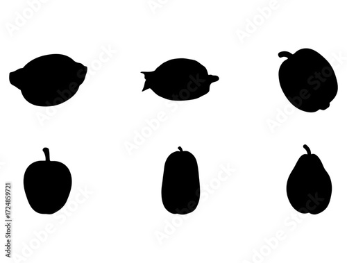 A diverse collection of various fruit silhouettes, representing healthy organic produce and simple, clean graphic design elements