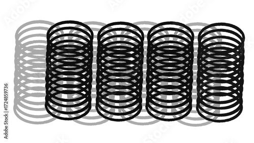 Four stacks of rings with shadows, creating a visually interesting and repetitive pattern with depth and dimension