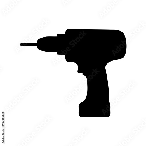 A black silhouette of a modern cordless drill against a white background