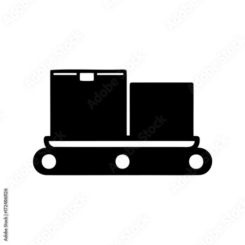 Black and white illustration of a conveyor belt with two boxes