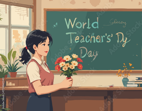Celebrating World Teachers' Day. Student giving flowers to teacher, retro style vector illustration.