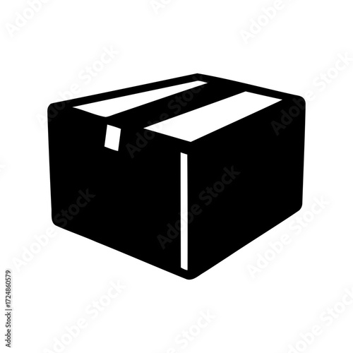 Stylized vector graphic of a black cardboard box on white background