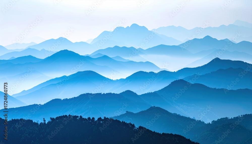 Fototapeta premium Layers of blue mountain ridges receding into a hazy, distant horizon create a sense of depth and serene natural grandeur