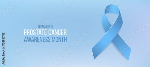 Prostate Cancer Awareness Month poster. Banner with light blue ribbon. Vector illustration.