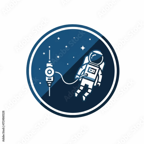 Astronaut Floating in Space Connected to a Satellite.