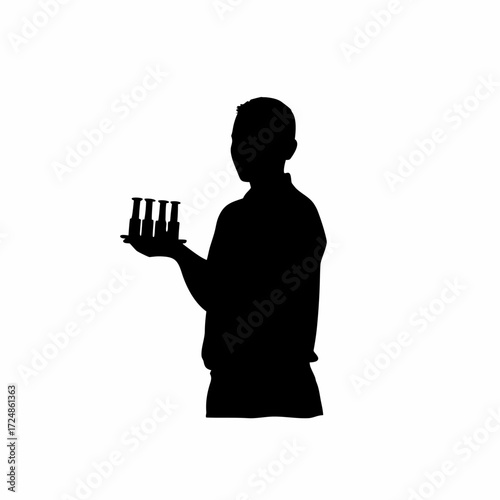 Silhouette of lab worker holding multiple test tubes of blood isolated on white background