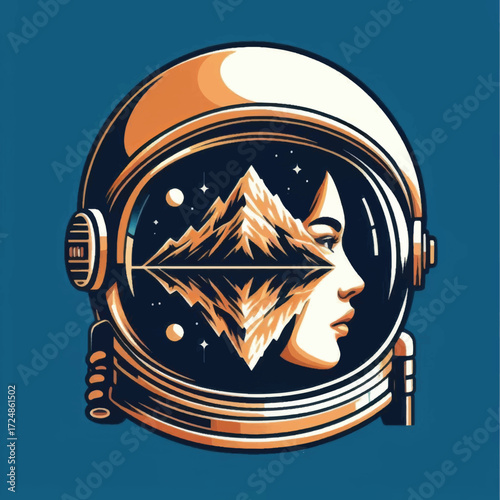 Astronaut helmet reflecting a woman and mountains.