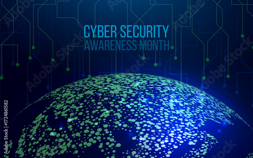 Cyber security, world protection concept with globe map. National Cyber Security Awareness Month. Futuristic abstract vector illustration.