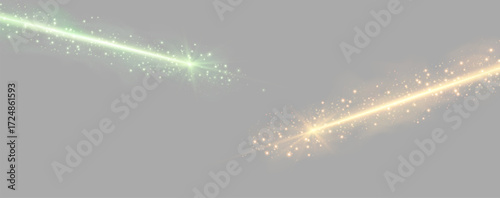 Green and orange horizontal laser beam. Neon line, presentation pointer. Glow flare light effect. Vector illustration. Isolated on grey background.