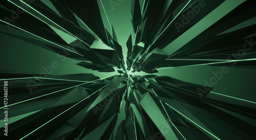 Fototapeta Naklejka Na Ścianę i Meble -  Abstract green crystal explosion with sharp edges and dynamic shapes, creating a futuristic atmosphere