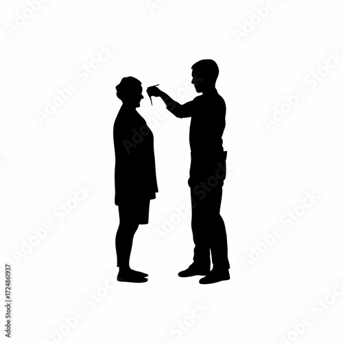 Silhouette of lab worker giving injection to patient isolated on white background