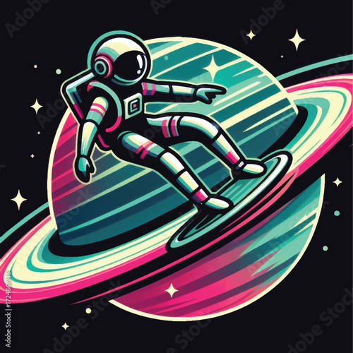 Astronaut surfing through space on a futuristic board.
