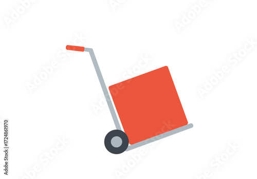 Hand truck with a red box ready for delivery or moving goods.