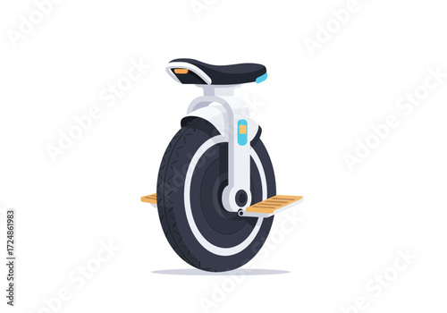 Modern electric unicycle with seat and footrests on white background.