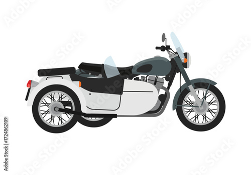 Motorcycle with sidecar classic design vintage transportation isolated on white background.