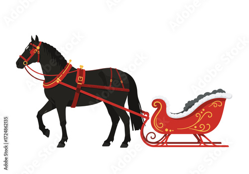 Black horse pulling a red sleigh with decorative elements on a white background.