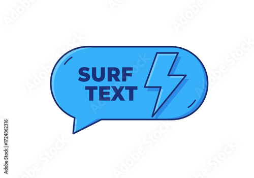 Blue speech bubble with lightning bolt and the words SURF TEXT creative design.