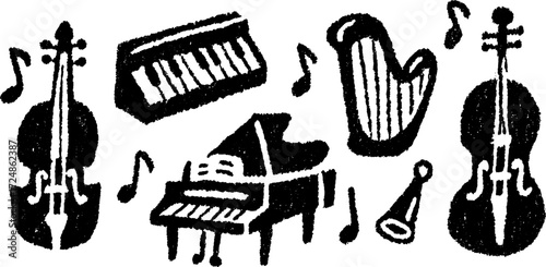 Music instruments set includes violin, piano, trumpet, and harpsichord. Simple black vector illustration with musical notes.