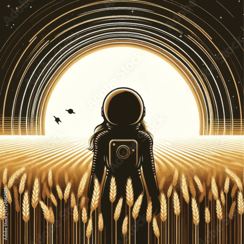 Lone astronaut explorer standing in a golden field of grain.